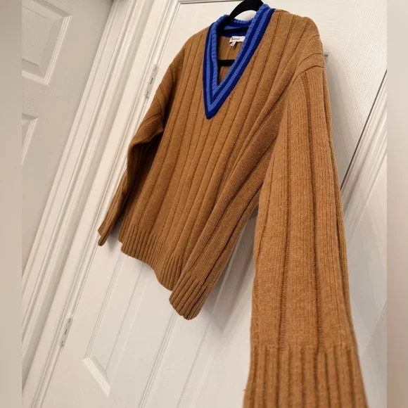 Madewell Camel Tan Ribbed V Neck Sweater Blue Stripe Trim Varsity Size S - Picture 4 of 12